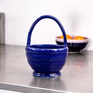 Vintage Blue Sapphire Ceramic Basket Trinket Holder Decorative Pottery Bowl